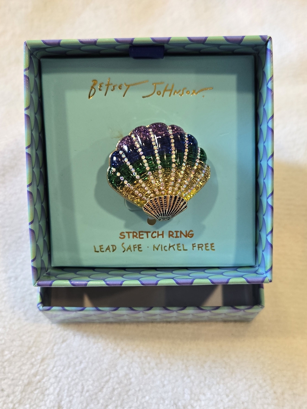 Betsey Johnson Seashell Stretch Ring • Multicolor Glam • NIB Statement Jewelry